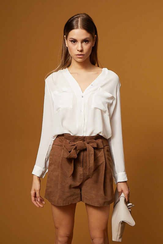 Belted High-Waisted Suede Shorts - Brown
