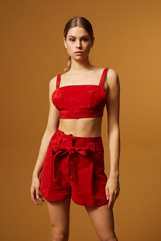 Belted High Waist Suede Shorts – Red