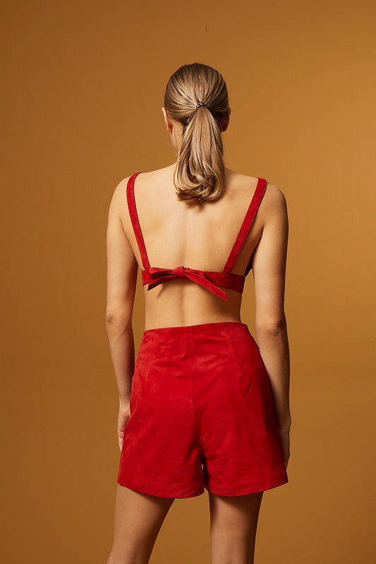 Belted High Waist Suede Shorts – Red