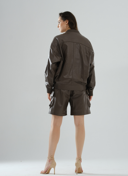 Bomber Boyfriend Leather Jacket – Mocha