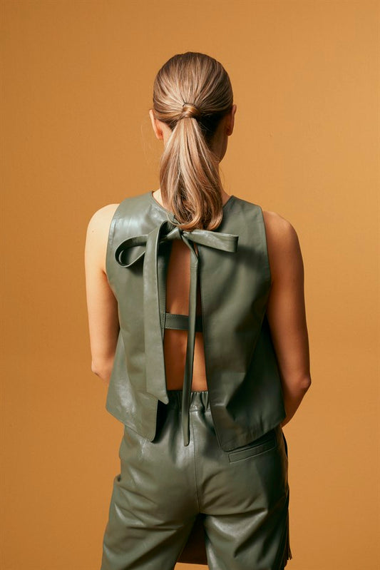 Bow-Detail Open-Back Leather T-Shirt - Sage Green