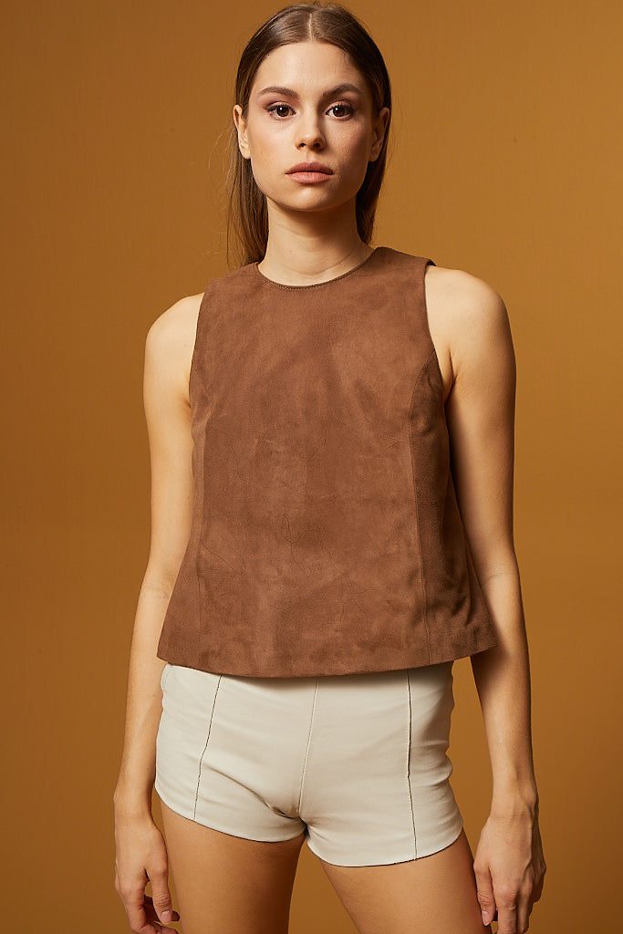 Bow-Detail Open-Back Suede T-Shirt - Brown
