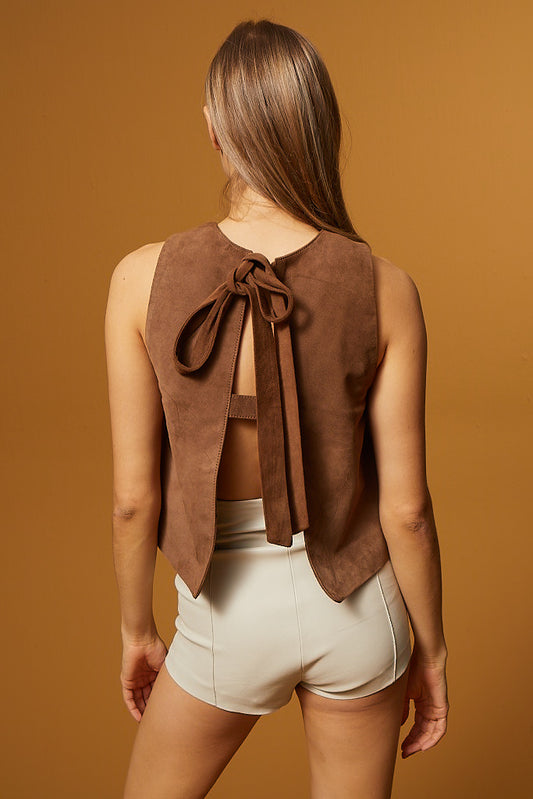 Bow-Detail Open-Back Suede T-Shirt - Brown