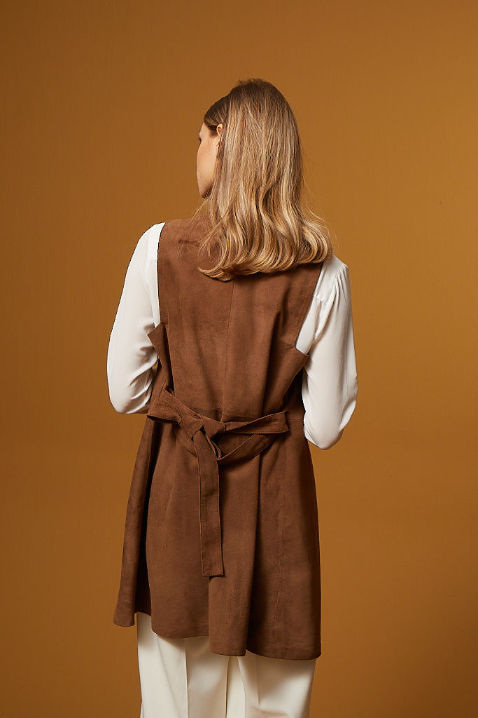 Buttoned Belted Suede Dress & Vest - Brown