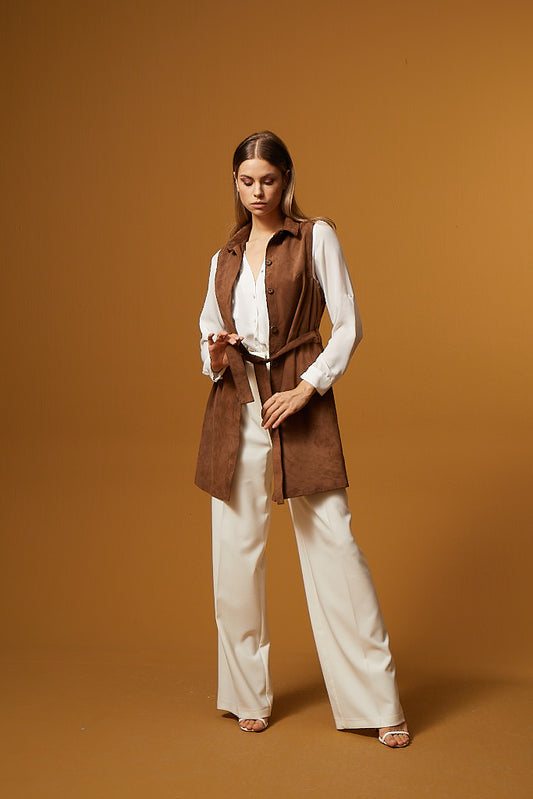 Buttoned Belted Suede Dress & Vest - Brown