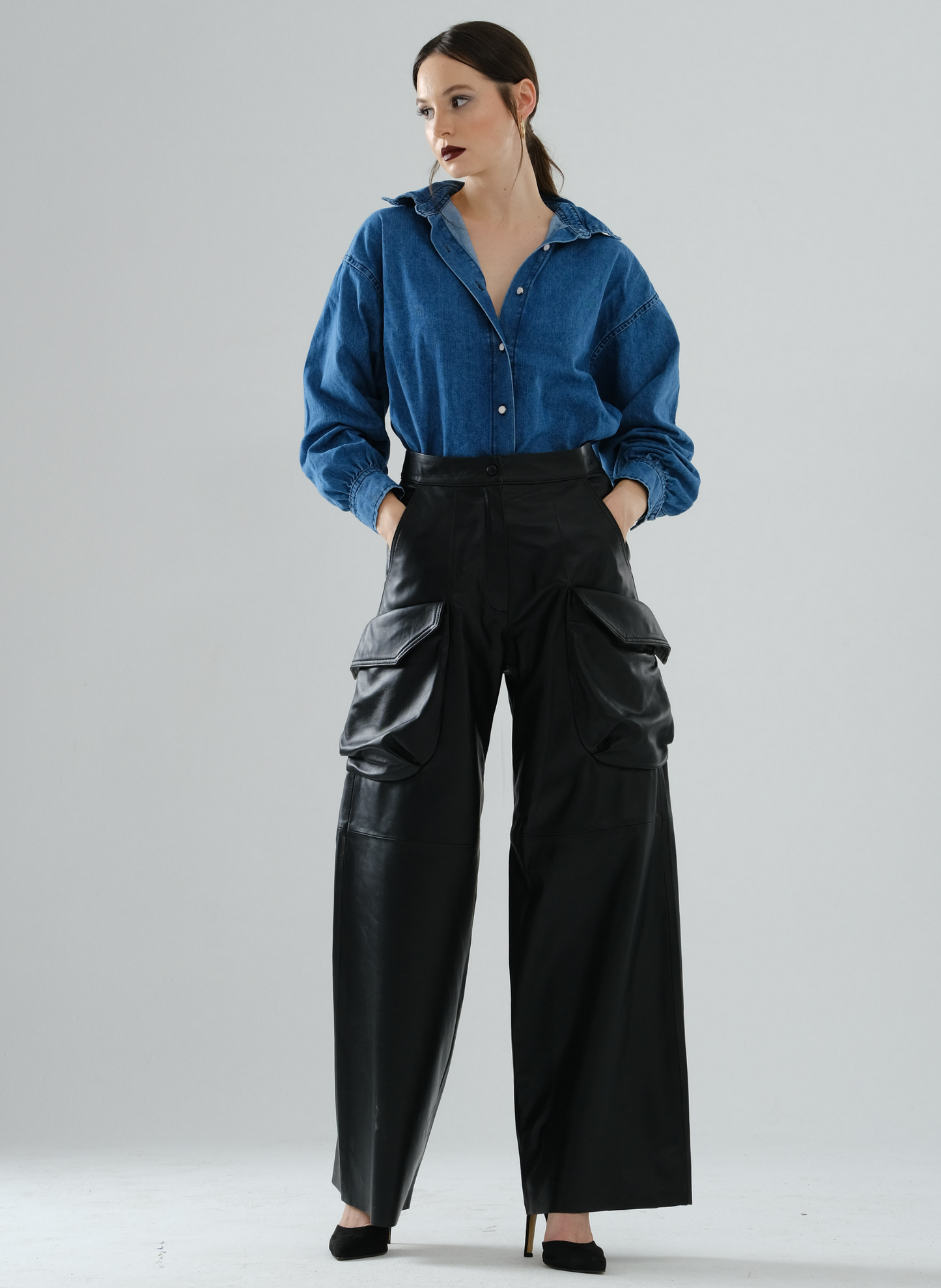 Cargo Long Leather Pants - Black