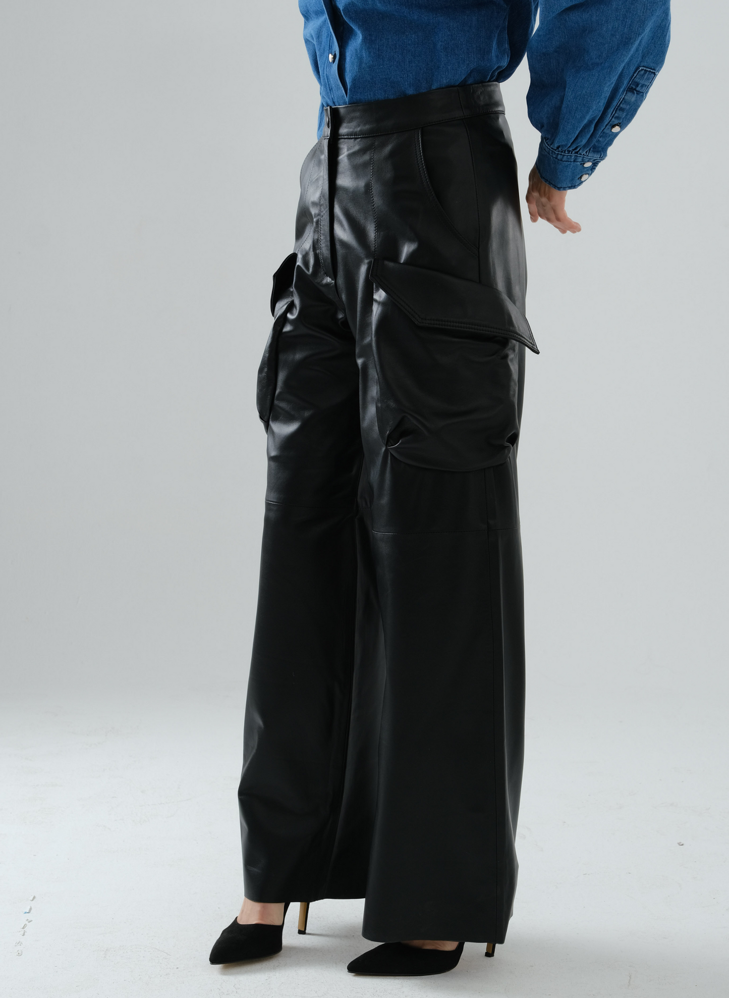 Cargo Long Leather Pants - Black