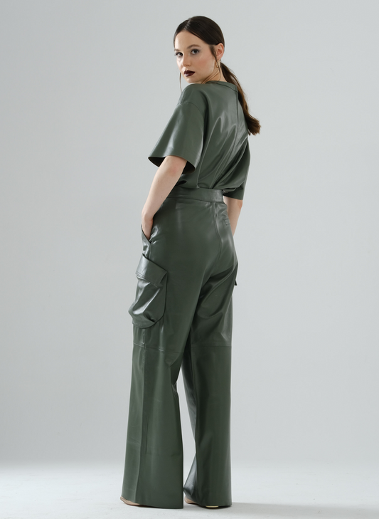 Cargo Long Leather Pants – Sage Green