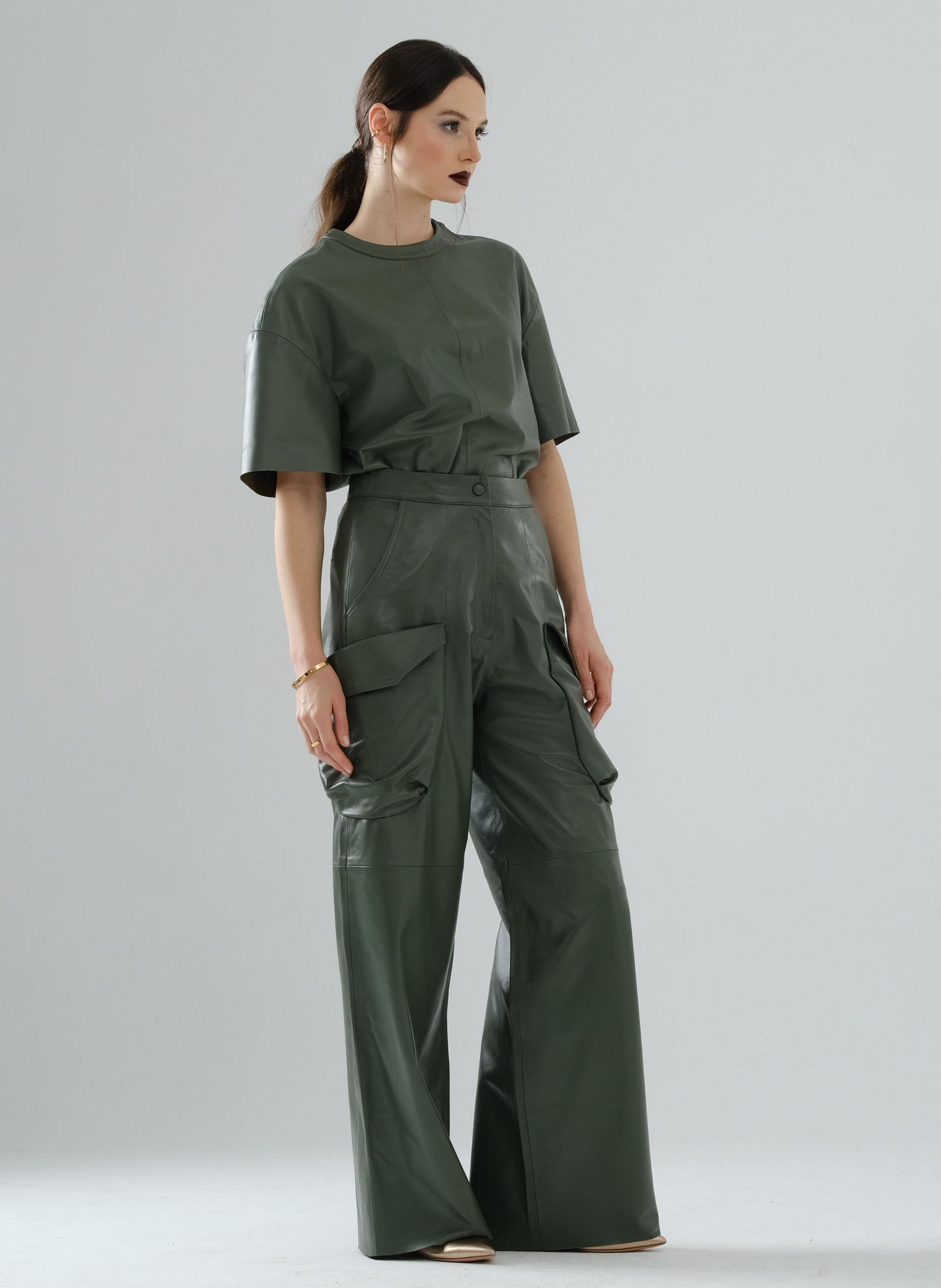 Cargo Long Leather Pants – Sage Green