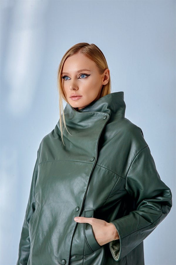 Dropped Shoulder Leather Jacket – Sage Green