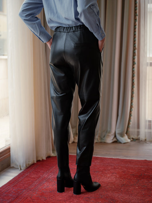 Elastic-Waist Straight Leather Pants – Black