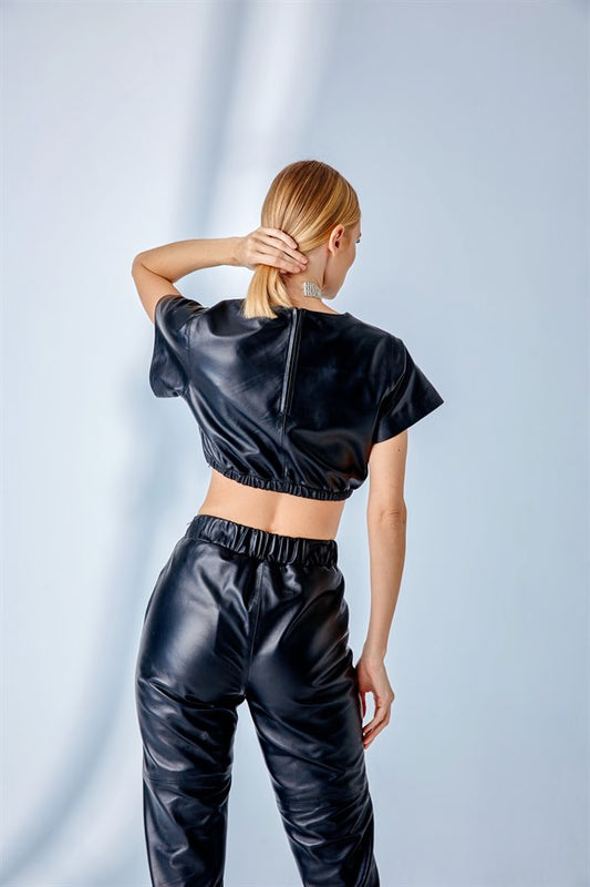 Elastic Waist Jogger Leather Pants – Black