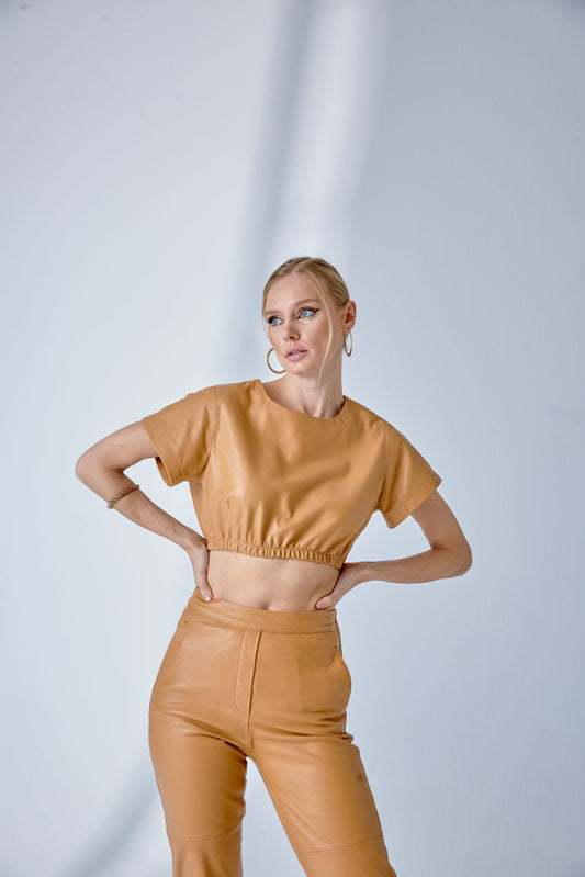 Elastic Waist Short T-shirt – Camel