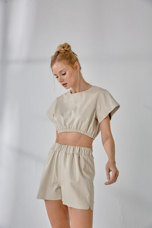 Elastic Waist Short T-shirt – Cream