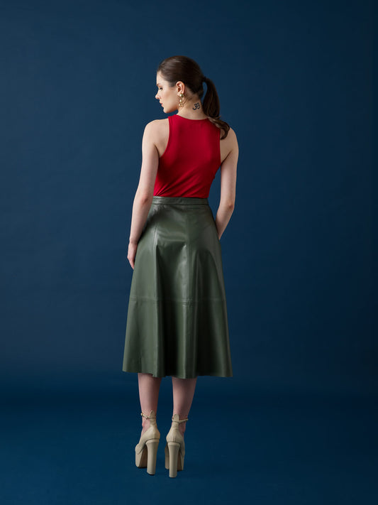 Flared Leather Skirt – Sage Green