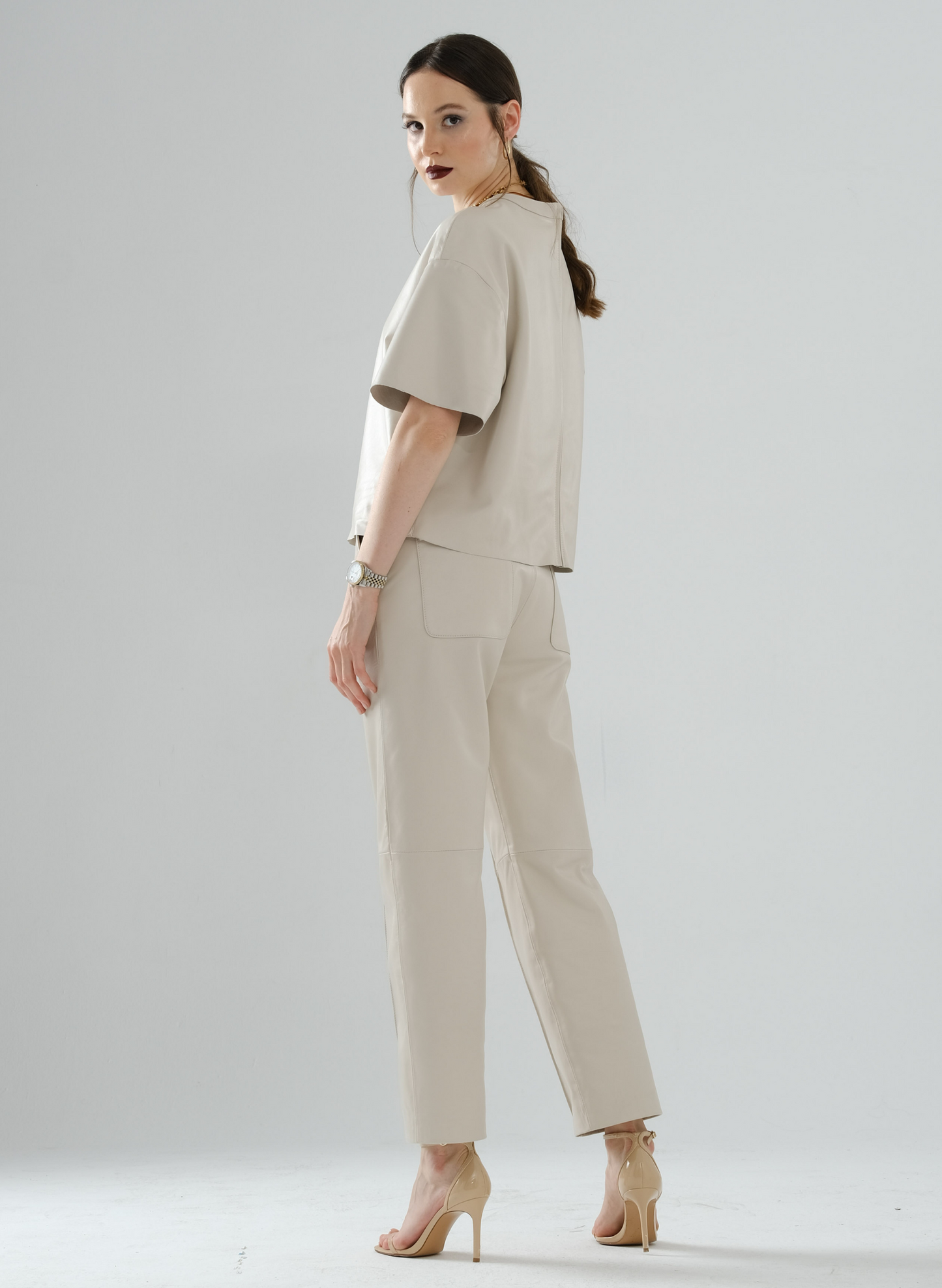 Front-Seamed Leather Pants – Cream