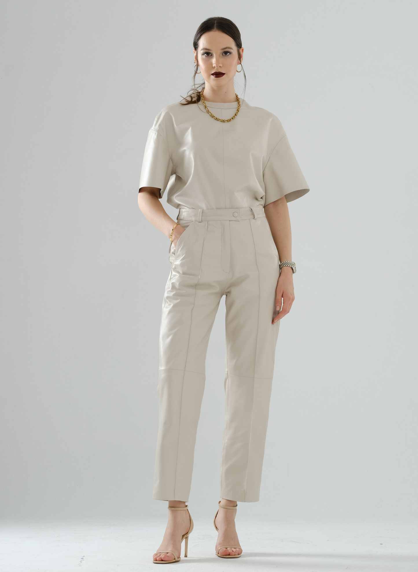 Front-Seamed Leather Pants – Cream