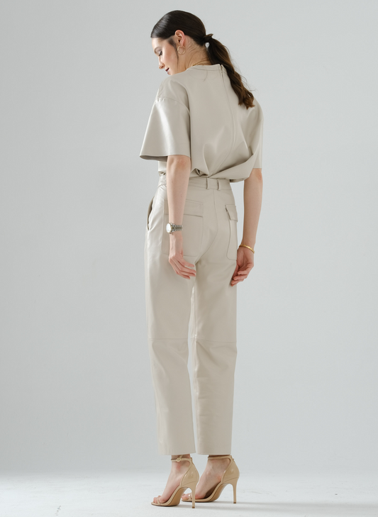 Front-Seamed Leather Pants – Cream