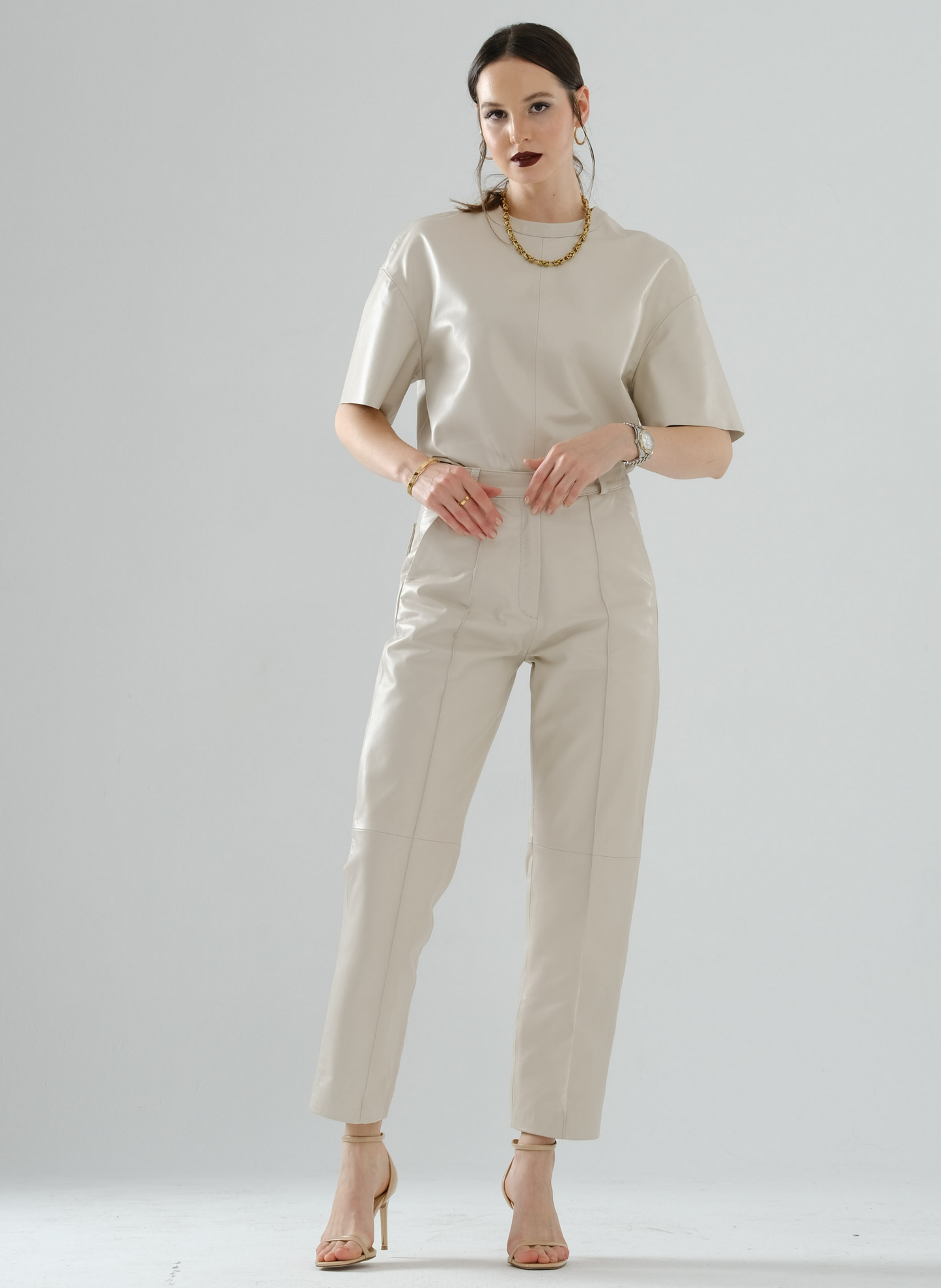 Front-Seamed Leather Pants – Cream