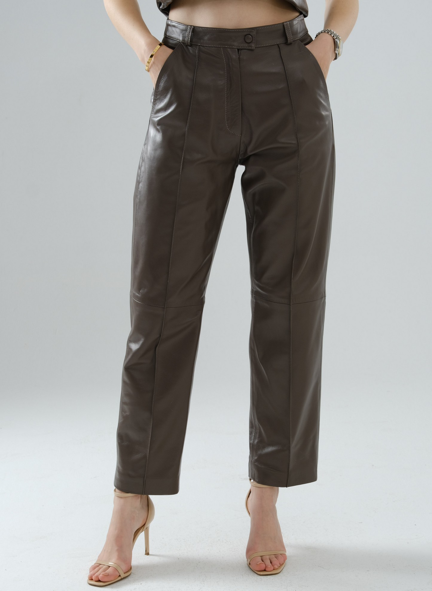 Front-Seamed Leather Pants – Mocha