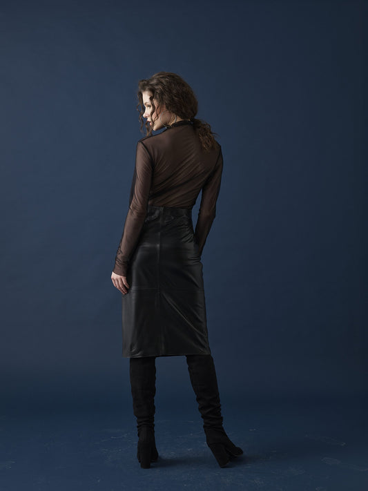 Front Slit Leather Skirt – Black