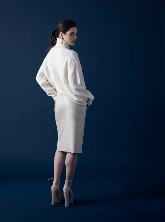 Front Slit Leather Skirt – Cream