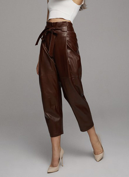 High-Waisted Tapered Leather Pants – Hazelnut Brown
