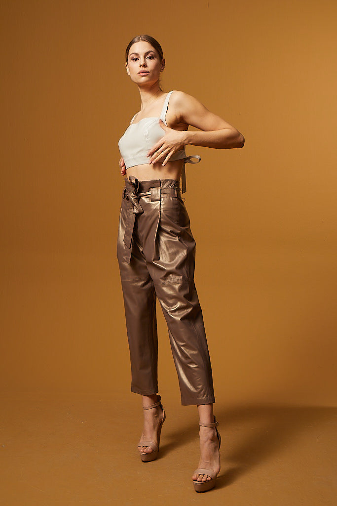 High Waist Leather Tapered Pants – Bronze