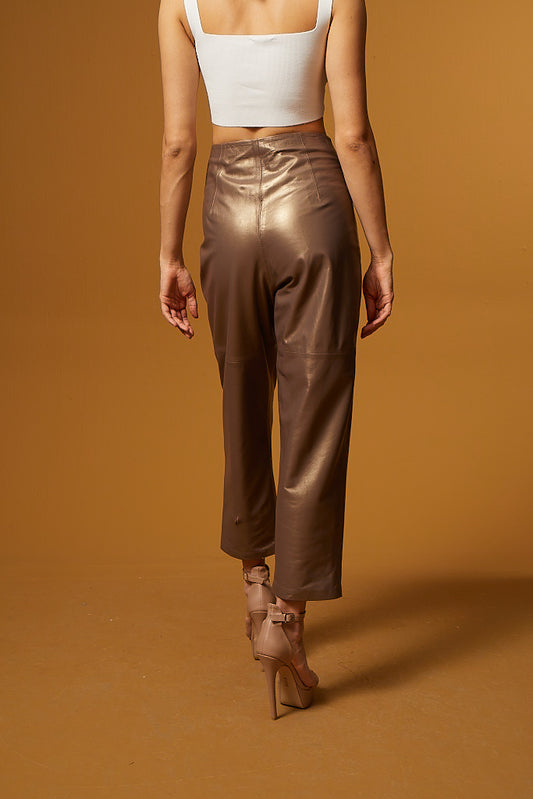 High Waist Leather Tapered Pants – Bronze