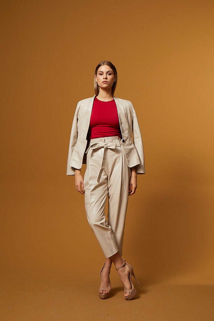 High Waist Tapered Leg Leather Pants – Cream