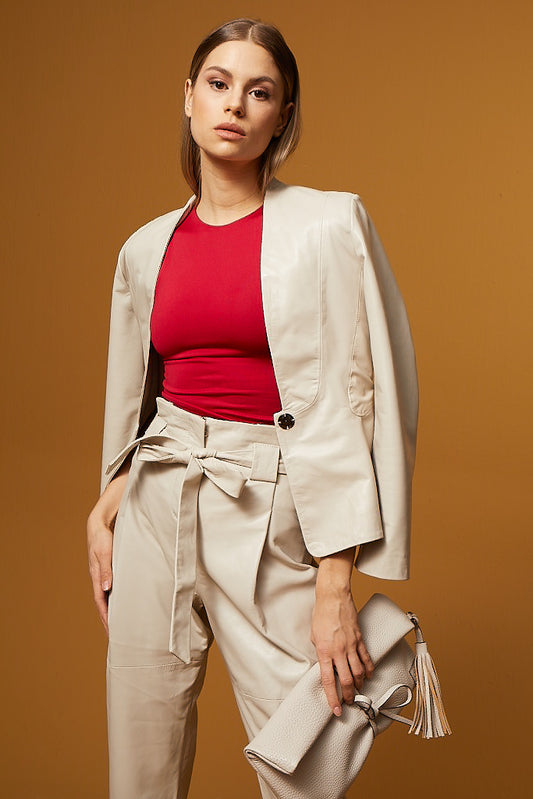 High Waist Tapered Leg Leather Pants – Cream