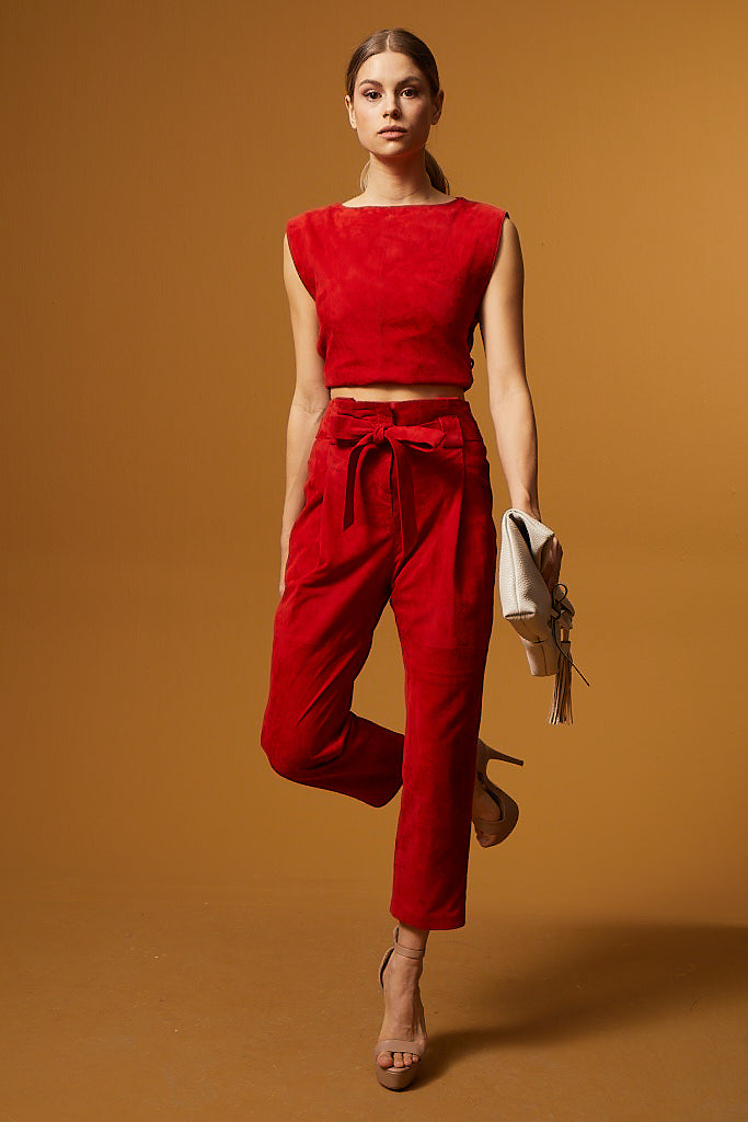 High Waist Tapered Suede Pants – Red
