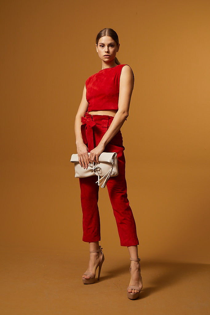 High Waist Tapered Suede Pants – Red