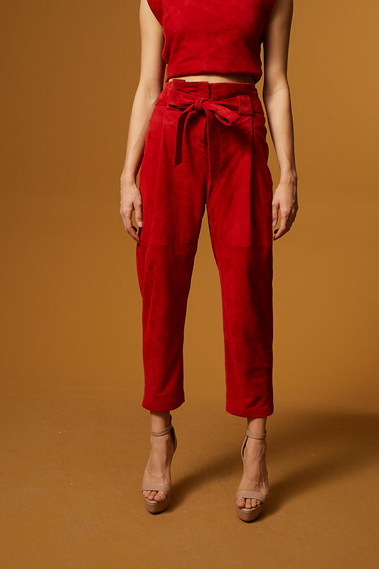 High Waist Tapered Suede Pants – Red