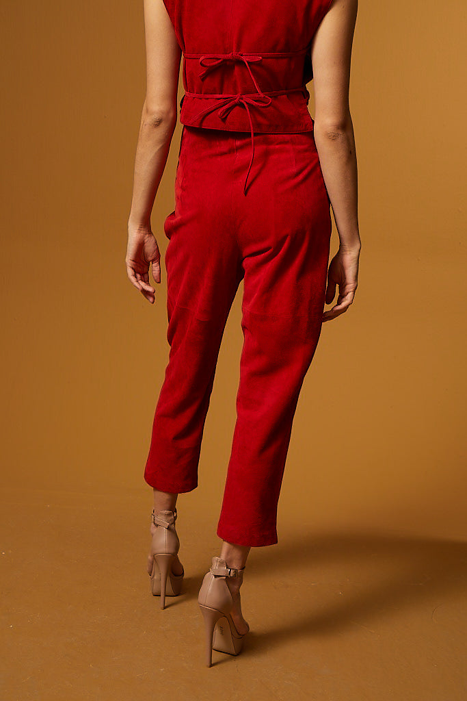 High Waist Tapered Suede Pants – Red