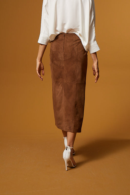 Knoted Slit Suede Skirt – Brown
