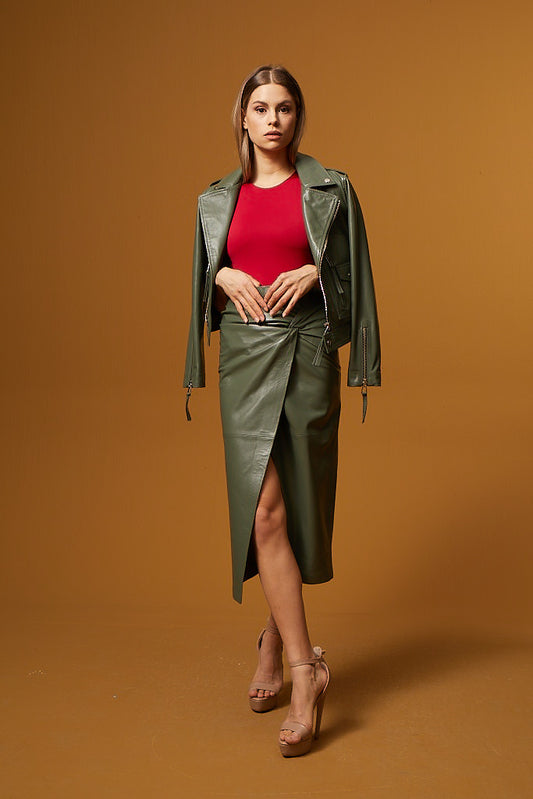 Knoted Slit Leather Skirt – Sage Green