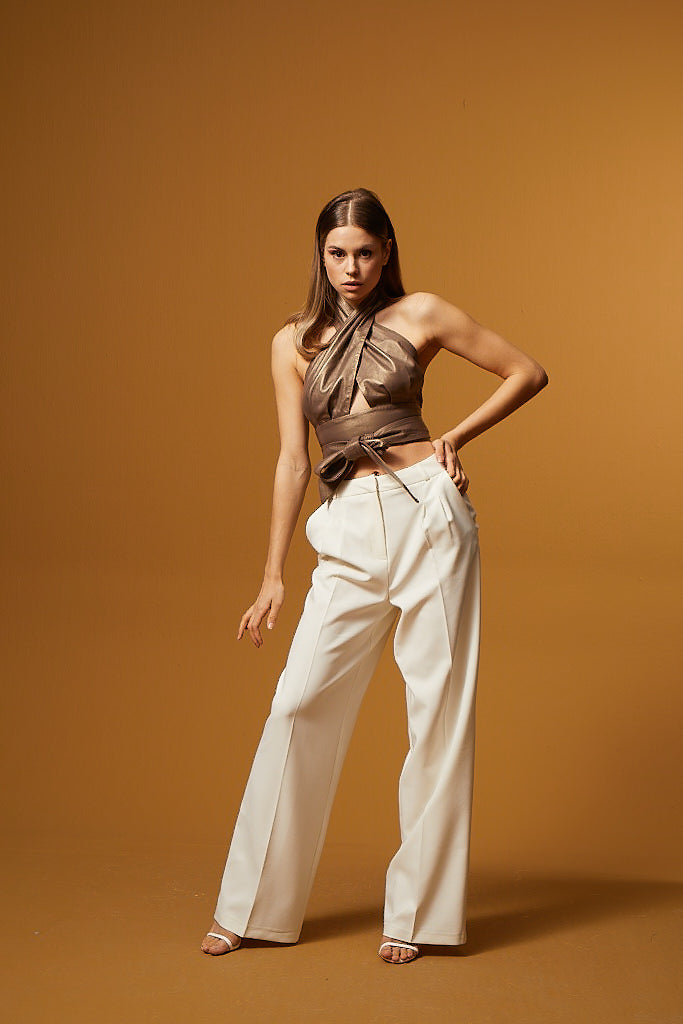 Leather Bustier with Tie at the Waist - Bronze