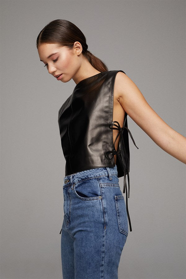 Leather Vest with String Ties - Black