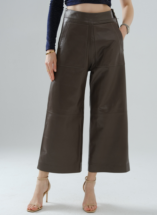 Loose-Fit Large Pocket Short Leather Pants – Mocha
