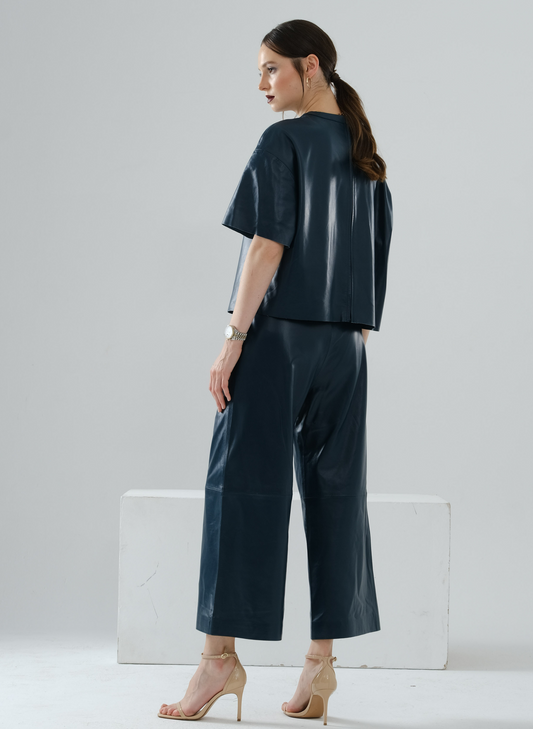 Loose-Fit Large Pocket Short Leather Pants – Petrol