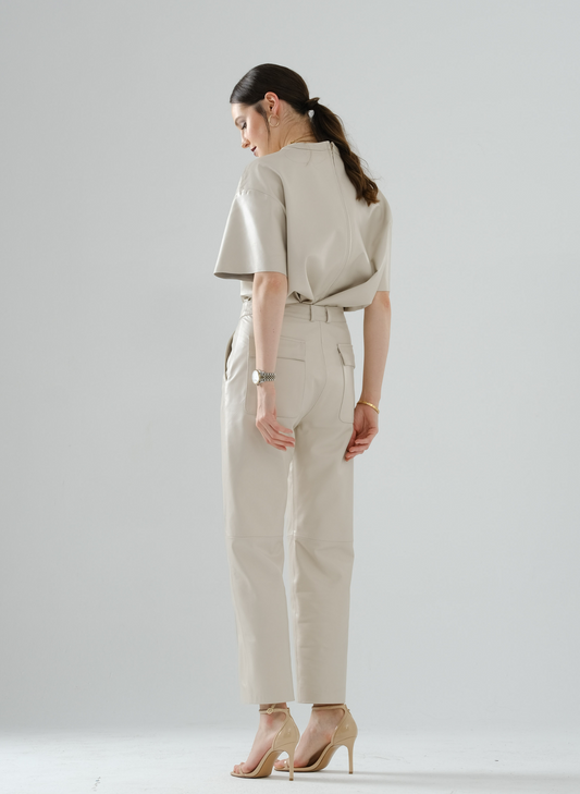 Loose Long Leather T-Shirt – Cream