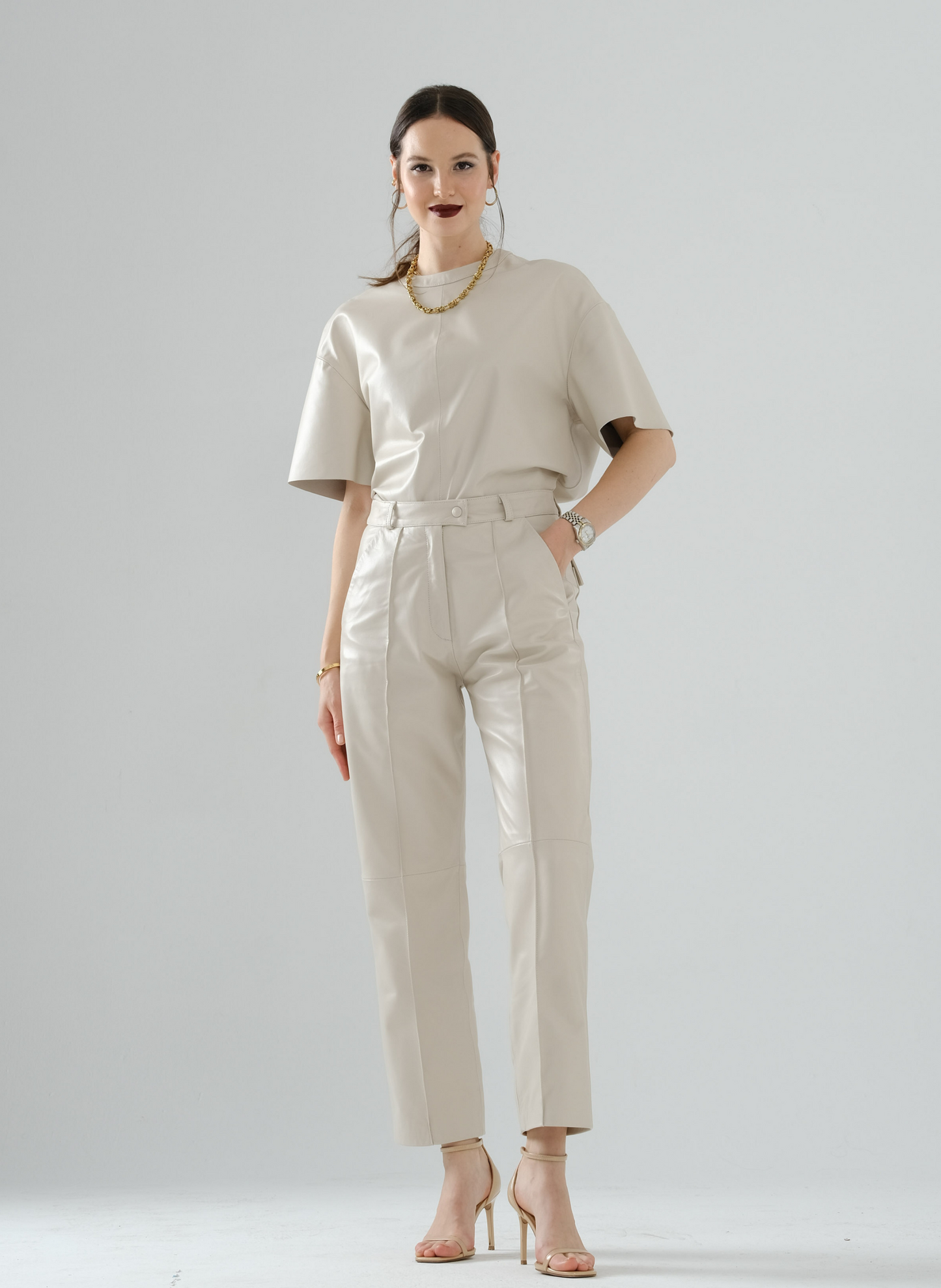 Loose Long Leather T-Shirt – Cream