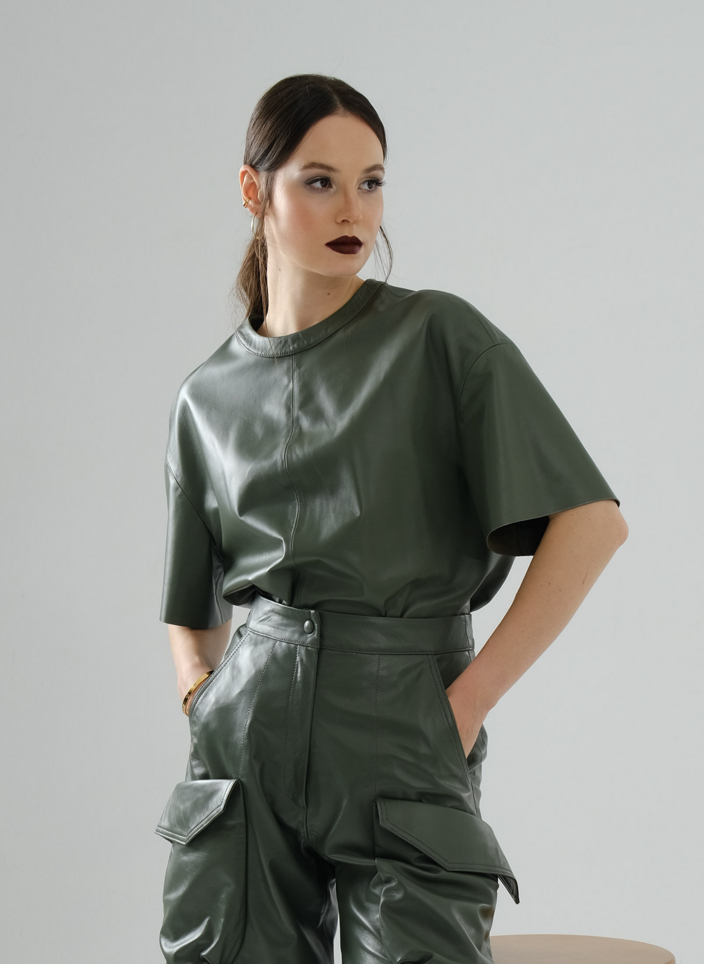 Loose Long Leather T-Shirt – Sage Green