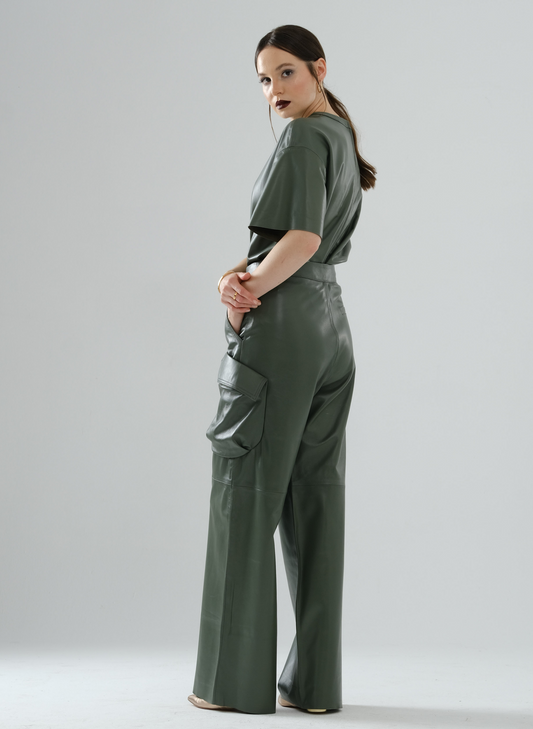 Loose Long Leather T-Shirt – Sage Green