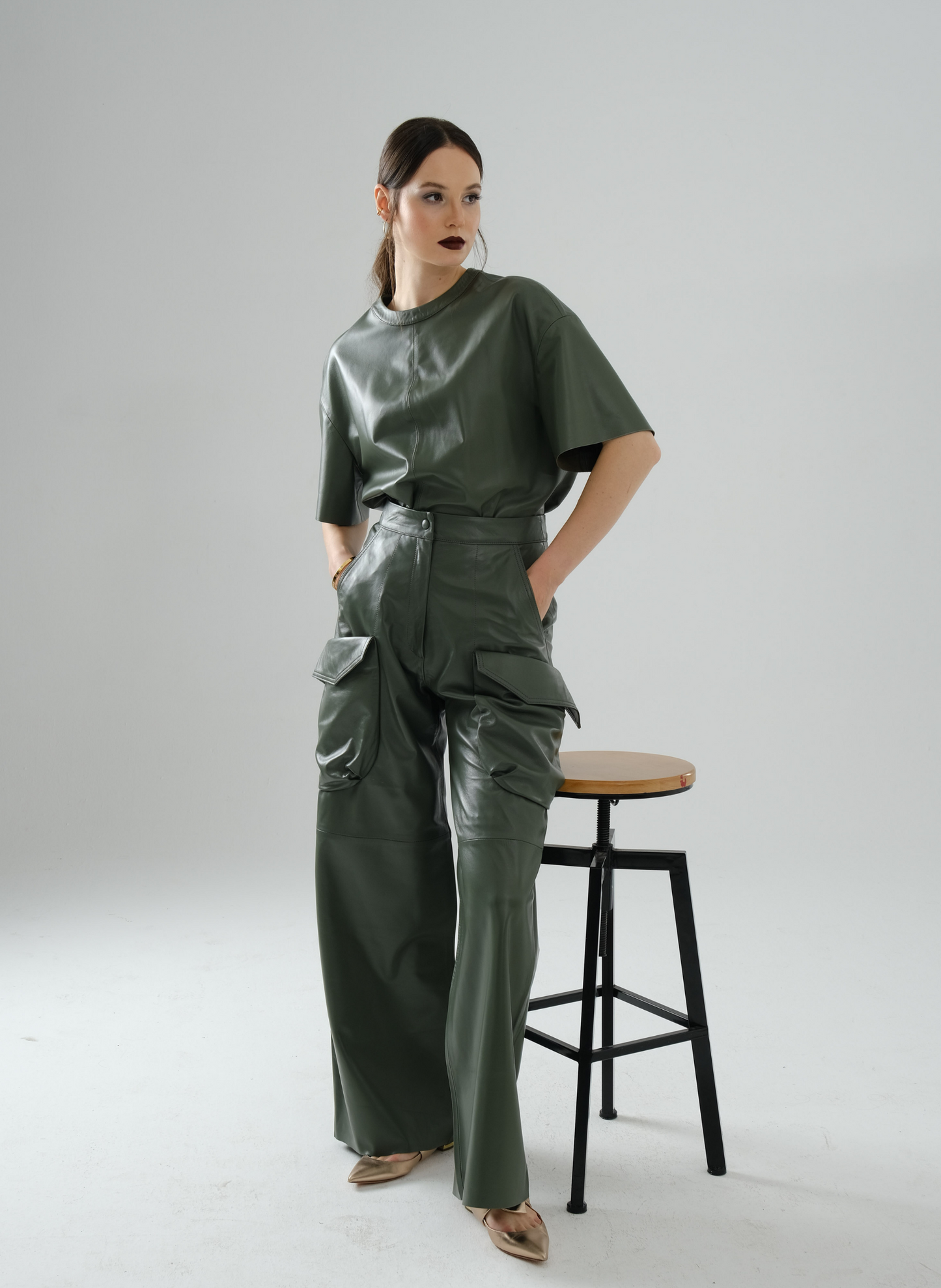 Loose Long Leather T-Shirt – Sage Green