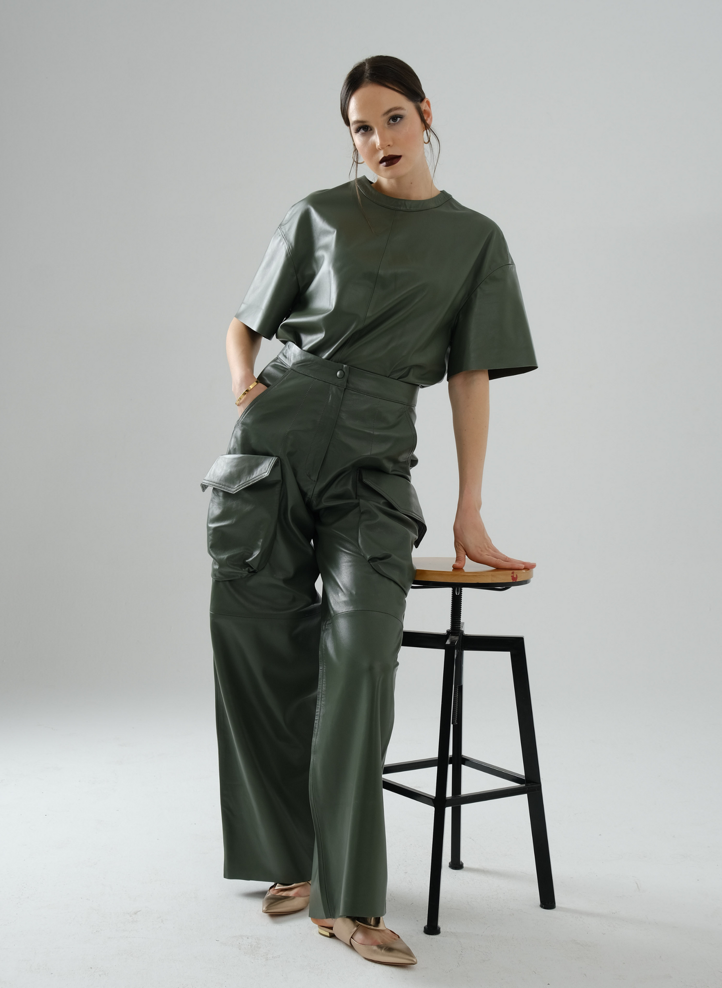 Loose Long Leather T-Shirt – Sage Green