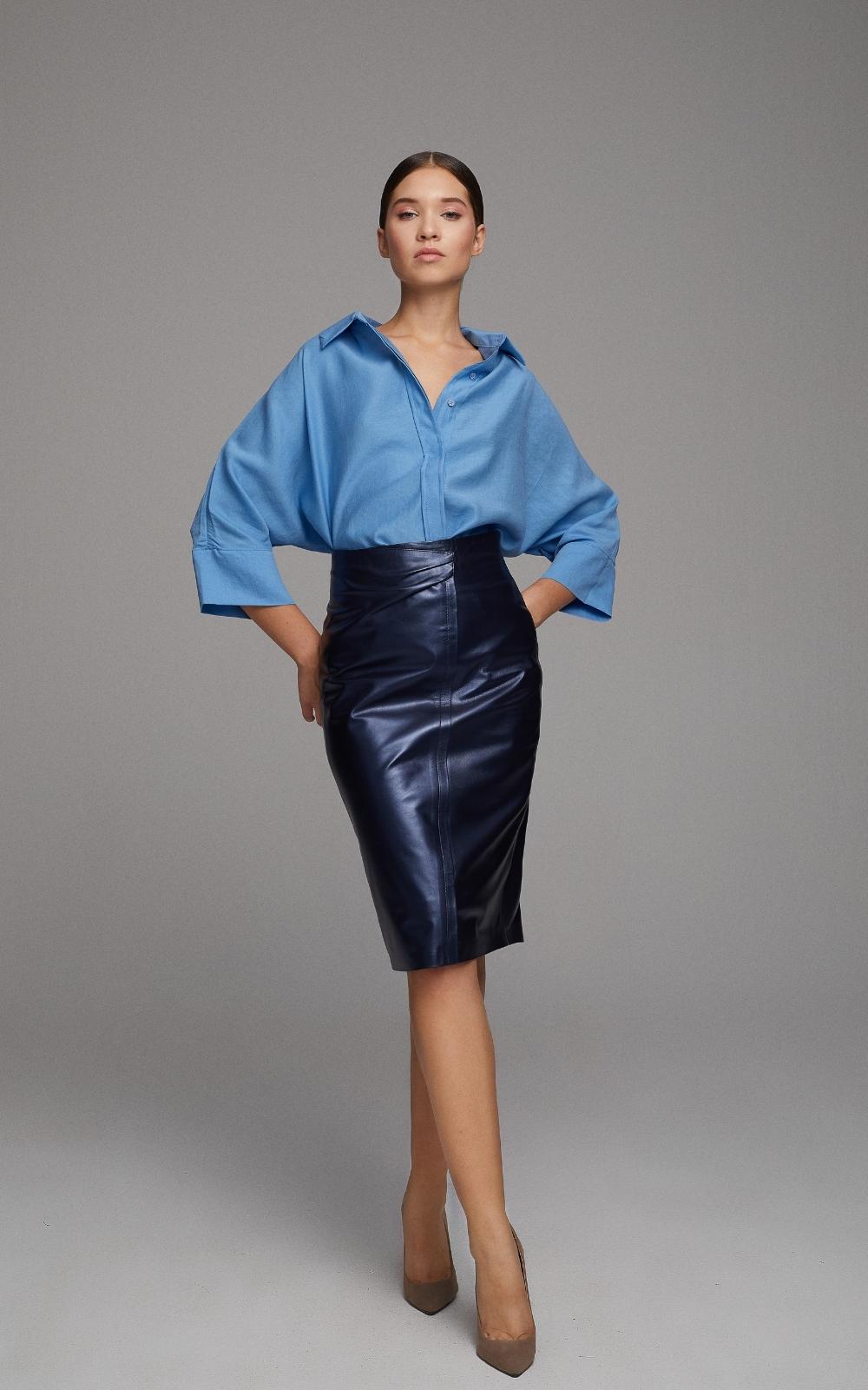 Pencil Leather Skirt – Navy Blue
