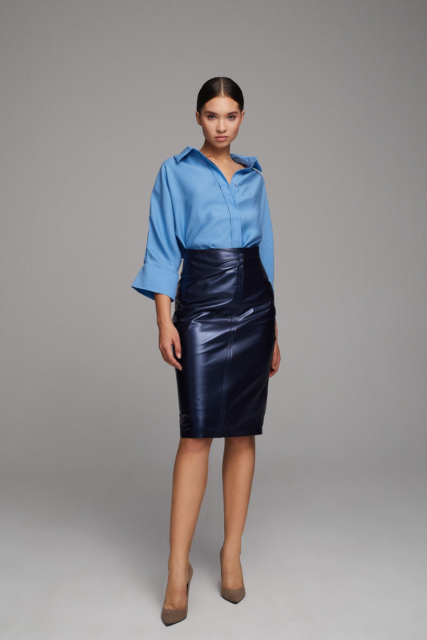 Pencil Leather Skirt – Navy Blue