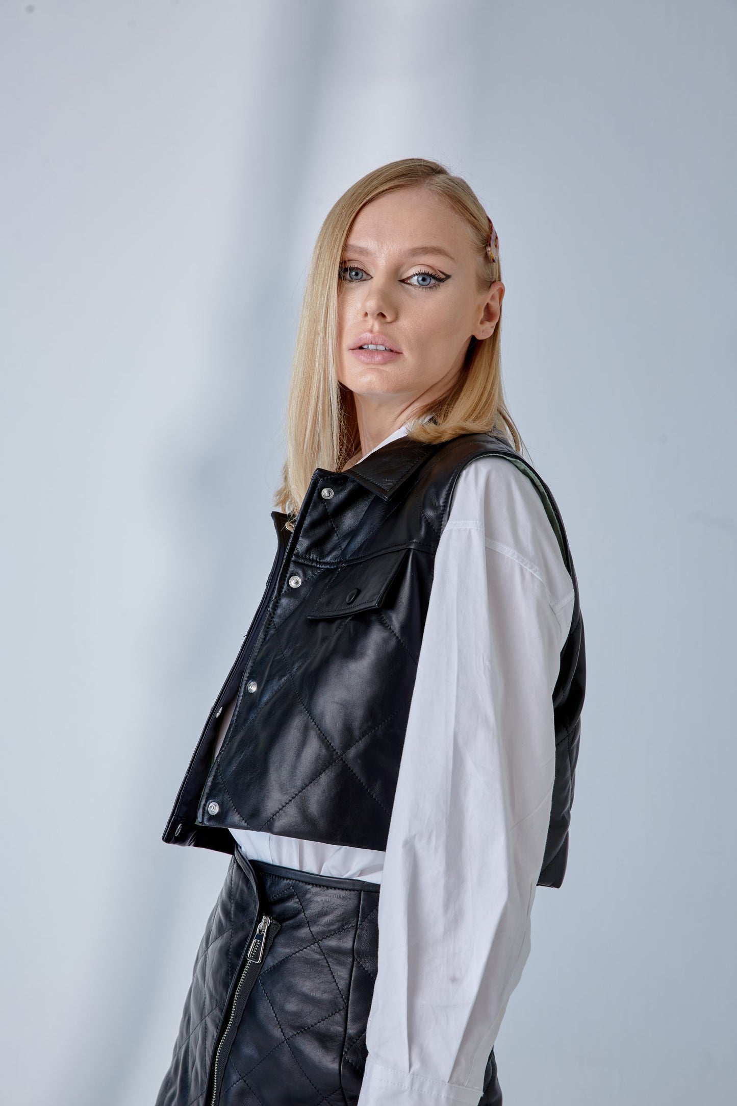 Quilted Short Leather Vest - Black